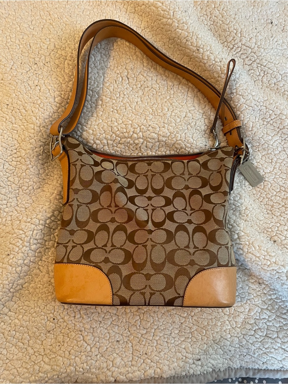 Coach Brown Signature Canvas Shoulder Bag with Tan Leather Trim